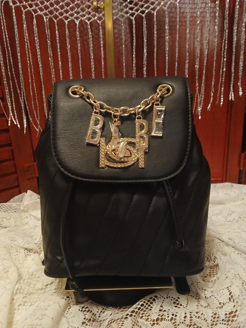 Bebe Quilted Faux Leather Backpack with Gold Charm Chain NWT